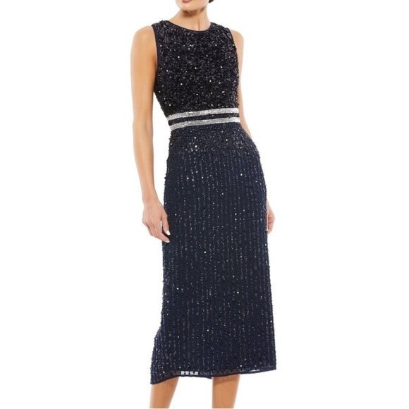 NWT Mac Duggal Navy Sleeveless High Neck Beaded Midi Sheath Dress 10509, size 16 - Picture 1 of 10